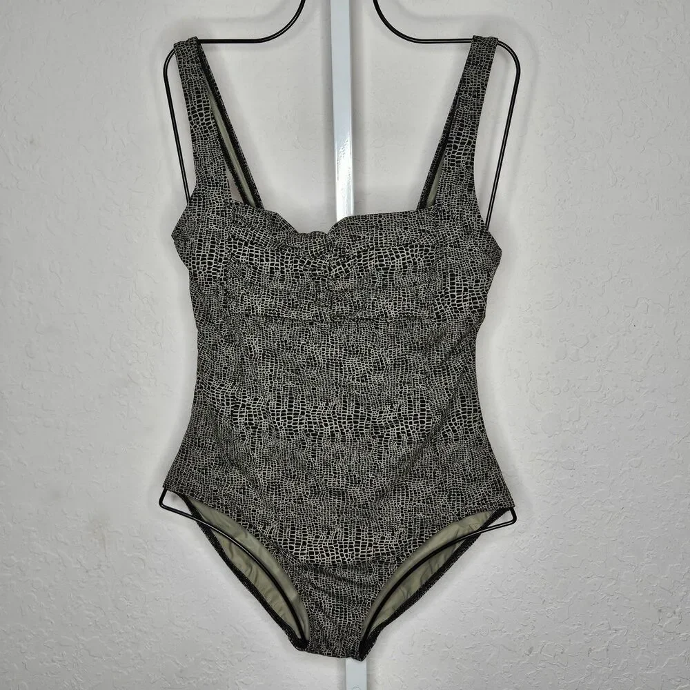 Calvin‎ Klein Black Beige Crocodile Print Ruched One Piece Swimsuit Size 10